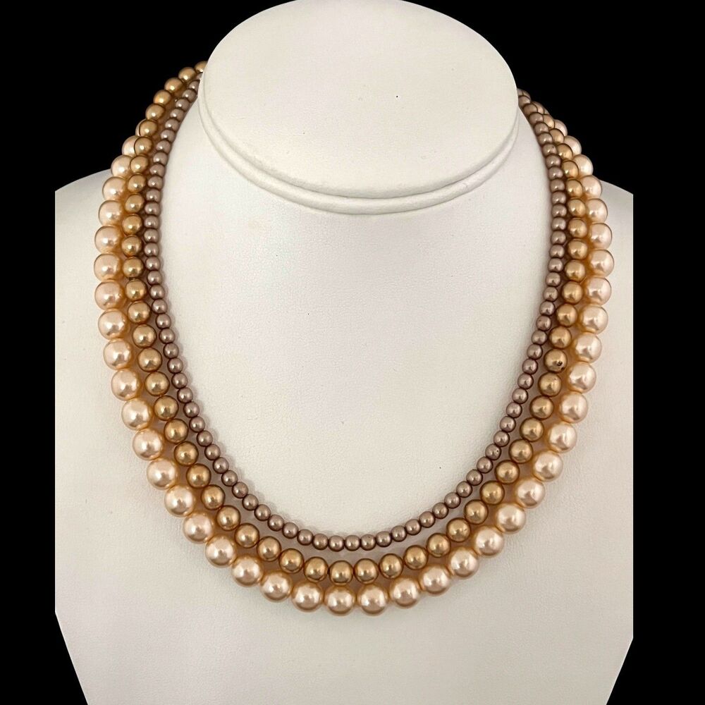 Vintage 1980s Leni Perez Triple Strand Faux Pearl Necklace 17 Inch - 10S